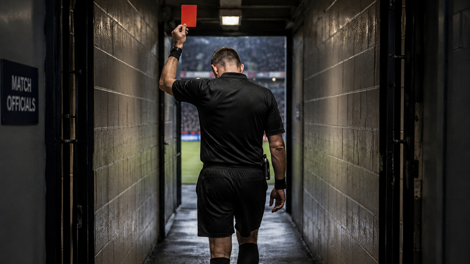 A football referee walks alone down a dimly lit stadium tunnel while holding a red card above his head. The tunnel opens onto a brightly lit pitch with a blurred crowd in the background.