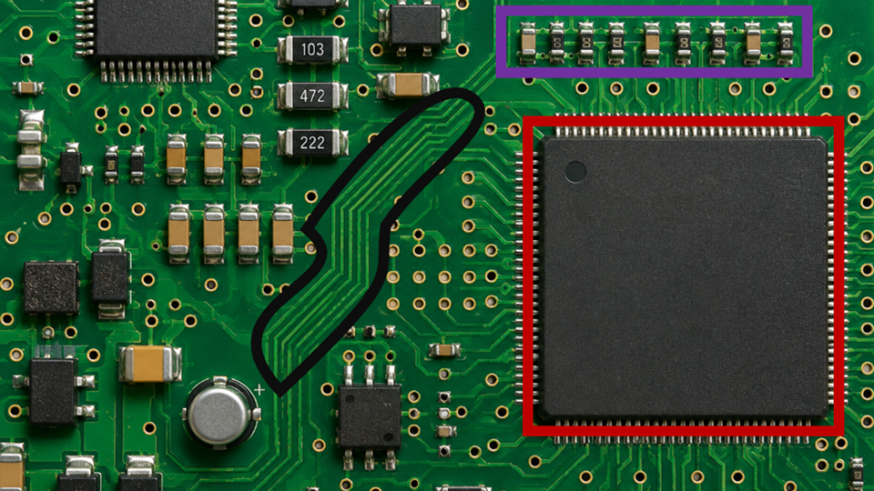 A computer circuit board with annotations