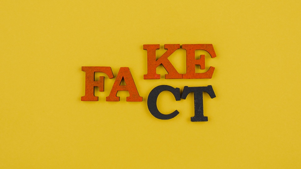 The words 'FAKE' and 'FACT' are spelled out with wooden letters overlapping on a yellow background.